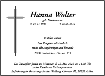 Traueranzeige von Hanna Wolter von KREISZEITUNG SYKE