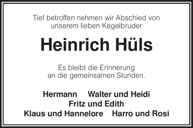  Traueranzeige für Heinrich Hüls vom 29.01.2010 aus KREISZEITUNG SYKE