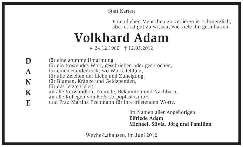  Traueranzeige für Volkhard Adam vom 16.06.2012 aus KREISZEITUNG SYKE