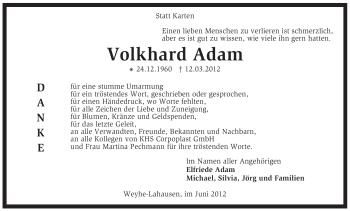 Traueranzeige von Volkhard Adam von KREISZEITUNG SYKE