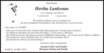 Traueranzeige von Hertha Lankenau von KREISZEITUNG SYKE