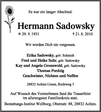 Traueranzeige von Hermann Sodowsky von KREISZEITUNG SYKE