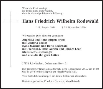 Traueranzeige von Hans Friedrich Wilhelm Rodewald von KREISZEITUNG SYKE