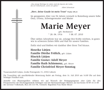 Traueranzeige von Marie Meyer von KREISZEITUNG SYKE