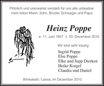 Traueranzeige von Heinz Poppe von KREISZEITUNG SYKE