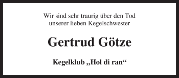 Traueranzeige von Gertrud Götze von KREISZEITUNG SYKE