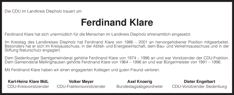  Traueranzeige für Ferdinand Klare vom 18.11.2010 aus KREISZEITUNG SYKE