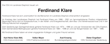 Traueranzeige von Ferdinand Klare von KREISZEITUNG SYKE