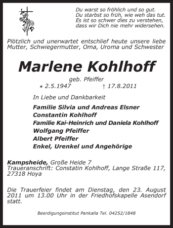 Traueranzeige von Marlene Kohlhoff von KREISZEITUNG SYKE