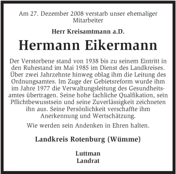 Traueranzeige von Hermann Eiermann von KREISZEITUNG SYKE