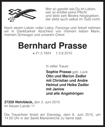 Traueranzeige von Bernhard Prasse von KREISZEITUNG SYKE