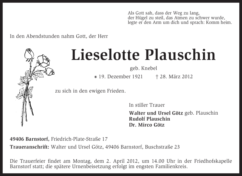  Traueranzeige für Lieselotte Plauschin vom 31.03.2012 aus KREISZEITUNG SYKE