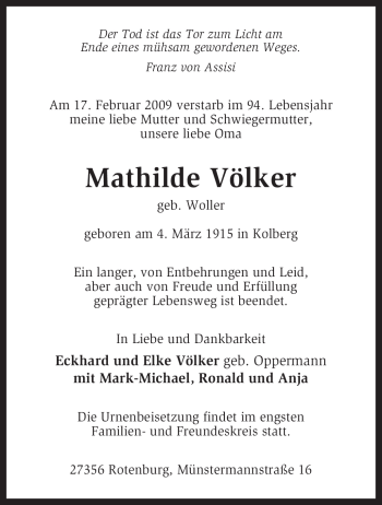 Traueranzeige von Mathilde Völker von KREISZEITUNG SYKE