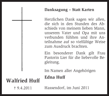 Traueranzeige von Walfried Huff von KREISZEITUNG SYKE