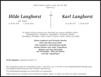 Traueranzeige von Hilde Langhorst von KREISZEITUNG SYKE