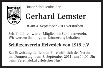 Traueranzeige von Gerhard Lemster von KREISZEITUNG SYKE