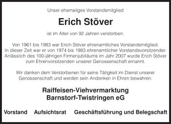 Traueranzeige von Erich Stöver von KREISZEITUNG SYKE