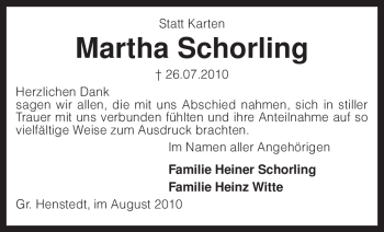 Traueranzeige von Martha Schorling von KREISZEITUNG SYKE