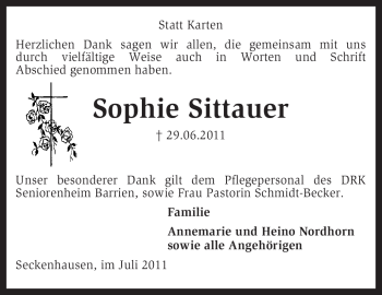 Traueranzeige von Sophie Sittauer von KREISZEITUNG SYKE