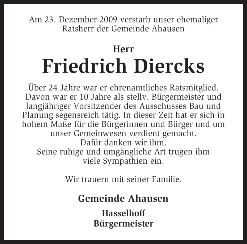  Traueranzeige für Friedrich Diercks vom 28.12.2009 aus KREISZEITUNG SYKE