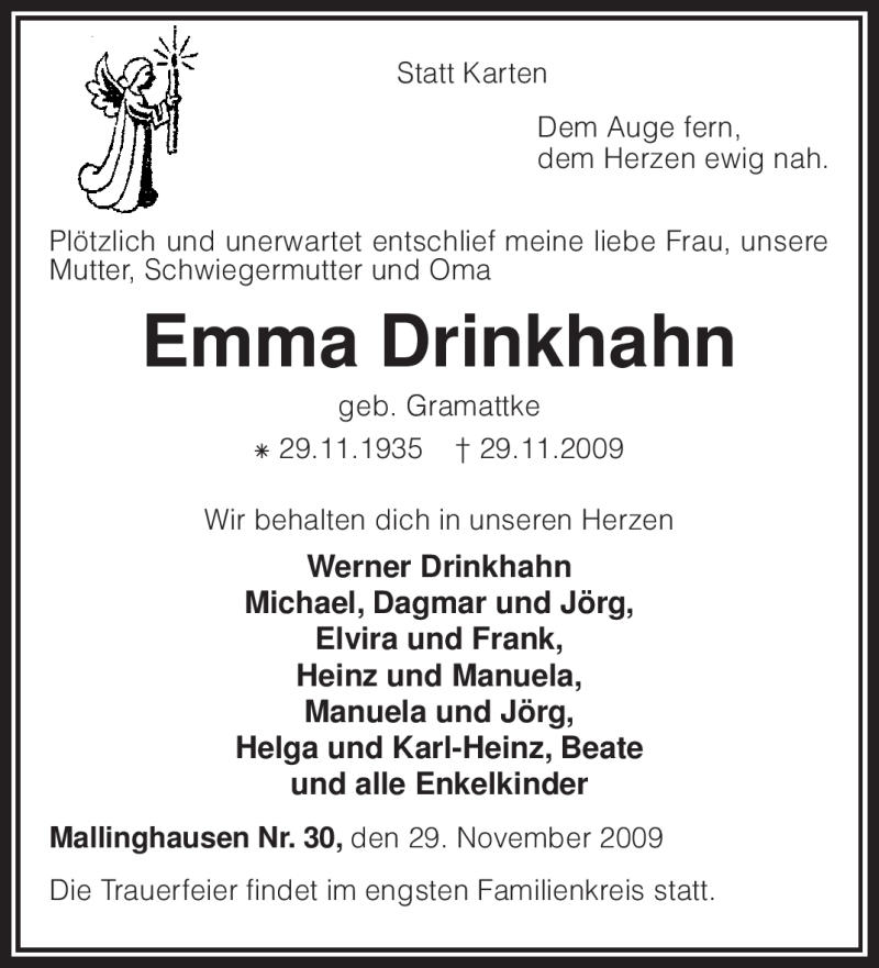  Traueranzeige für Emma Drinkhahn vom 01.12.2009 aus KREISZEITUNG SYKE