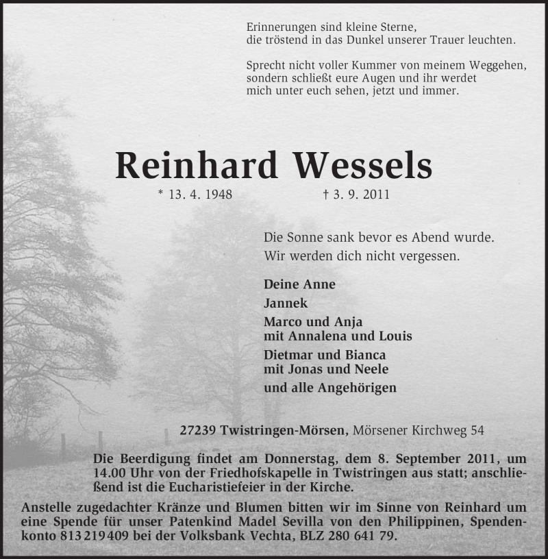  Traueranzeige für Reinhard Wessels vom 05.09.2011 aus KREISZEITUNG SYKE