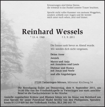 Traueranzeige von Reinhard Wessels von KREISZEITUNG SYKE