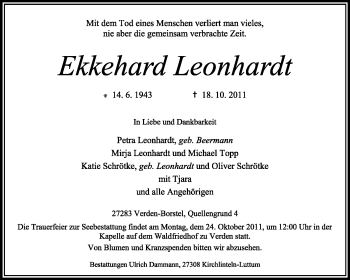 Traueranzeige von Ekkehard Leonhardt von KREISZEITUNG SYKE