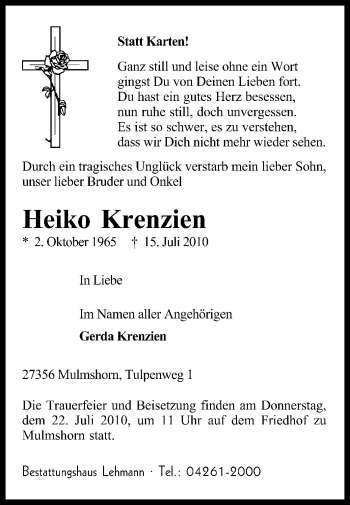 Traueranzeige von Heiko Krenzien von KREISZEITUNG SYKE