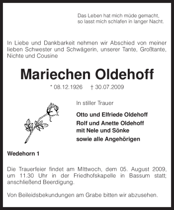 Traueranzeige von Mariechen Oldehoff von KREISZEITUNG SYKE