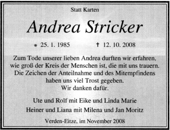 Traueranzeige von Andrea Stricker von KREISZEITUNG SYKE