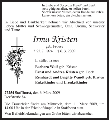 Traueranzeige von Irma Kristen von KREISZEITUNG SYKE