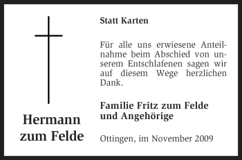 Traueranzeige von Hermann zum Felde von KREISZEITUNG SYKE