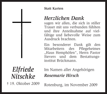 Traueranzeige von Elfriede Nitschke von KREISZEITUNG SYKE