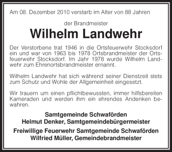 Traueranzeige von Wilhelm Landwehr von KREISZEITUNG SYKE