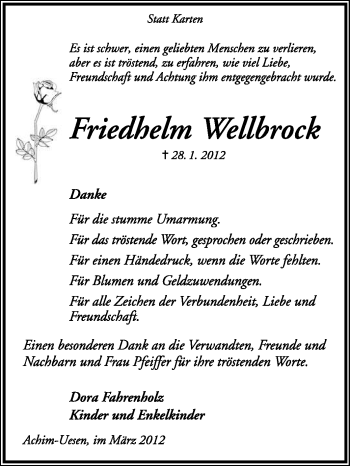 Traueranzeige von Friedhelm Wellbrock von KREISZEITUNG SYKE