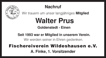 Traueranzeige von Walter Prus von KREISZEITUNG SYKE