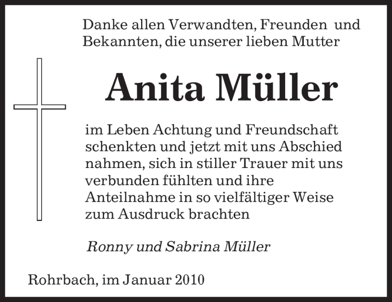  Traueranzeige für Anita Müller vom 23.01.2010 aus KREISZEITUNG SYKE