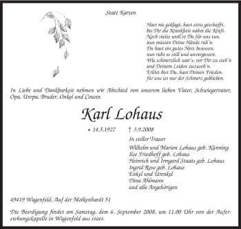 Traueranzeige von Karl Lohaus von KREISZEITUNG SYKE