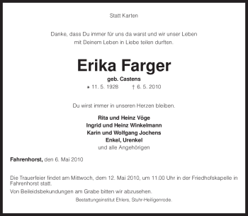 Traueranzeige von Erika Farger von KREISZEITUNG SYKE