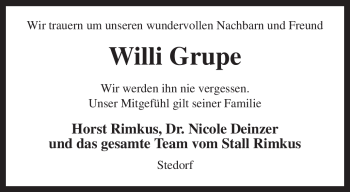 Traueranzeige von Willi Grupe von KREISZEITUNG SYKE