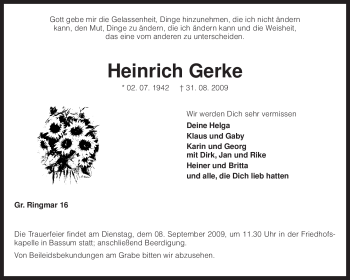 Traueranzeige von Heinrich Gerke von KREISZEITUNG SYKE