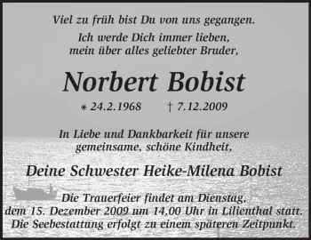 Traueranzeige von Norbert Bobist von KREISZEITUNG SYKE