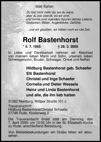 Traueranzeige von Rolf Bastenhorst 