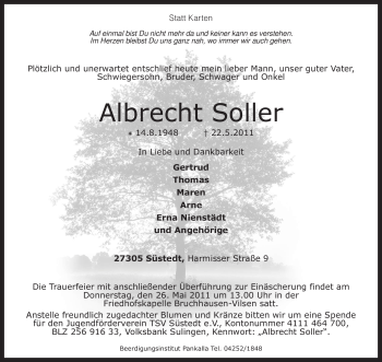 Traueranzeige von Albrecht Soller von KREISZEITUNG SYKE