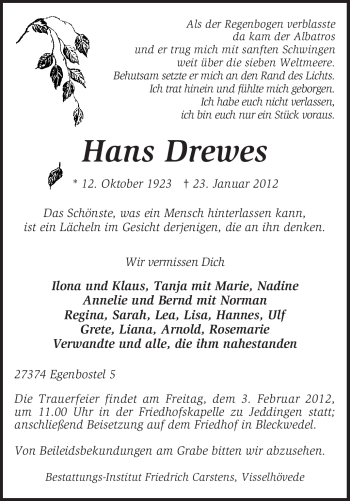 Traueranzeige von Hans Drewes von KREISZEITUNG SYKE