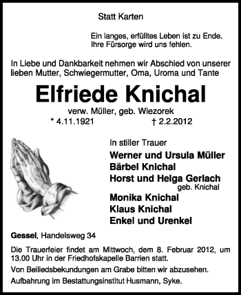 Traueranzeige von Elfriede Knichal von KREISZEITUNG SYKE