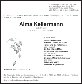 Traueranzeige von Alma Kellermann von KREISZEITUNG SYKE