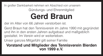 Traueranzeige von Gerd Braun von KREISZEITUNG SYKE