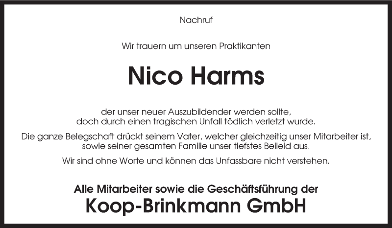  Traueranzeige für Nico Harms vom 04.04.2015 aus KRZ